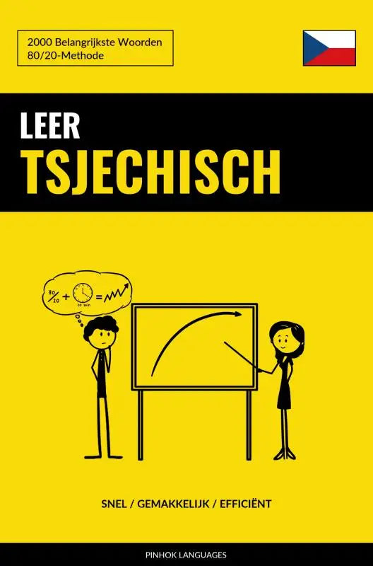 Helder geel leer tsjechisch boek met belangrijkste woorden en cartoon van twee stickfiguren voor een schoolbord