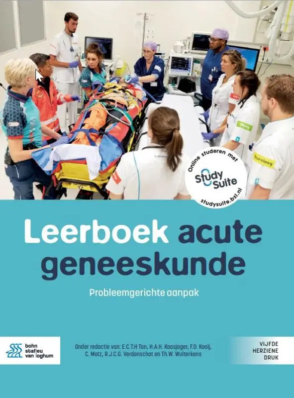 De cover van het leerboek acute geneeskunde toont een helderblauwe achtergrond met witte en donkergrijze tekst