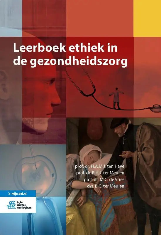 Leerboek ethiek in de gezondheidszorg met rode en witte tekst en medische illustraties door ter meulen bsl media
