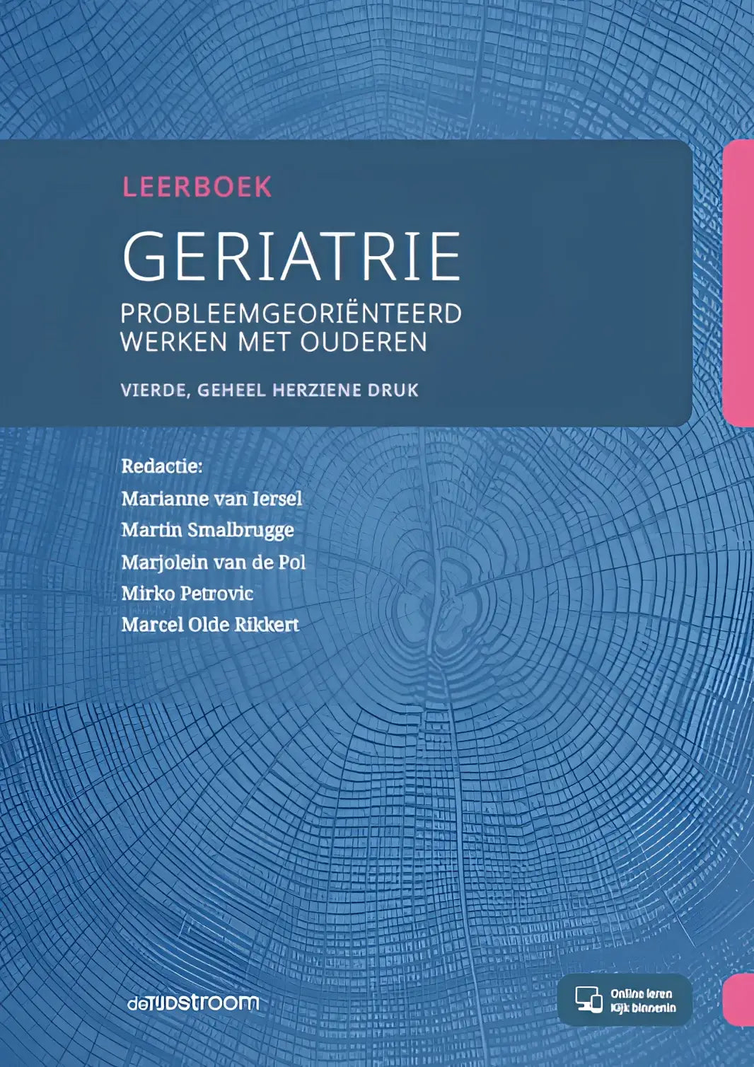 Blauw leerboek geriatrie met houtnerfstructuur en titel op donkerblauw vlak van marcel olde rikkert