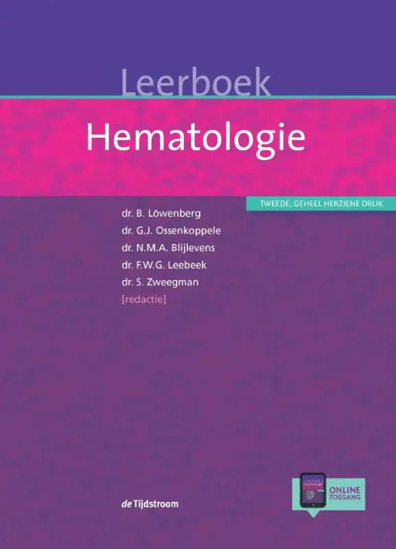 Leerboek hematologie met paarse en roze verloopkaft en wit titeltekst van koninklijke boom uitgevers