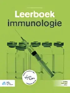 Groen leerboek immunologie van bsl media met illustratie van spuiten en flacons voor specialistische geneeskunde