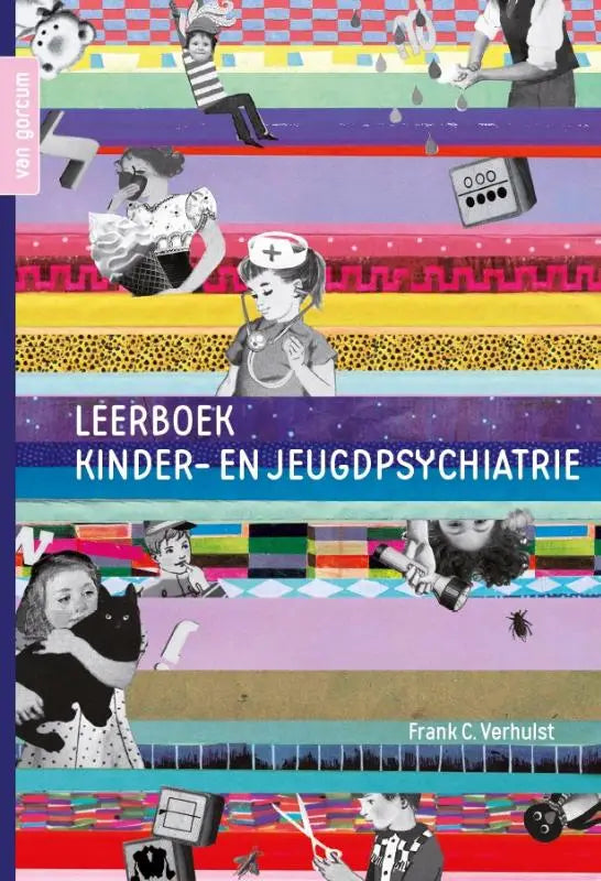 Vibrant leerboek kinder- en jeugdpsychiatrie with colorful horizontal stripes and black-and-white illustrations of children
