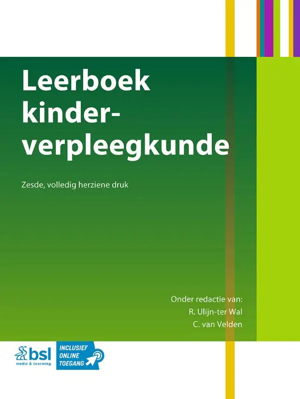 Groen leerboek kinderverpleegkunde met witte tekst en verticale streep van meerkleurige lijnen rechts op de omslag