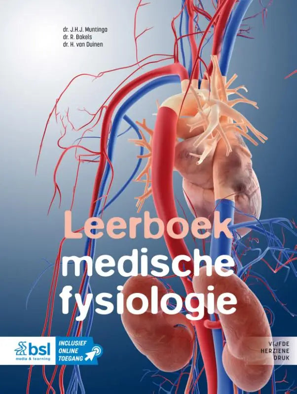 Cover van het leerboek medische fysiologie met een gedetailleerde 3d illustratie van menselijke anatomie en bloedvaten