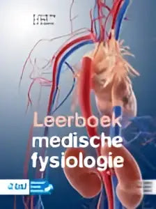 De cover van het leerboek medische fysiologie toont een gedetailleerde anatomische illustratie van een hart met rode slagaders en blauwe aderen