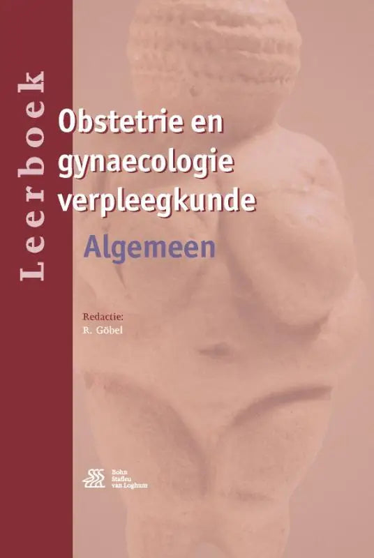 Cover van een vierdelige leerboek obstetrie en gynaecologie verpleegkunde met beige afbeelding van stenen beeldhouwwerk