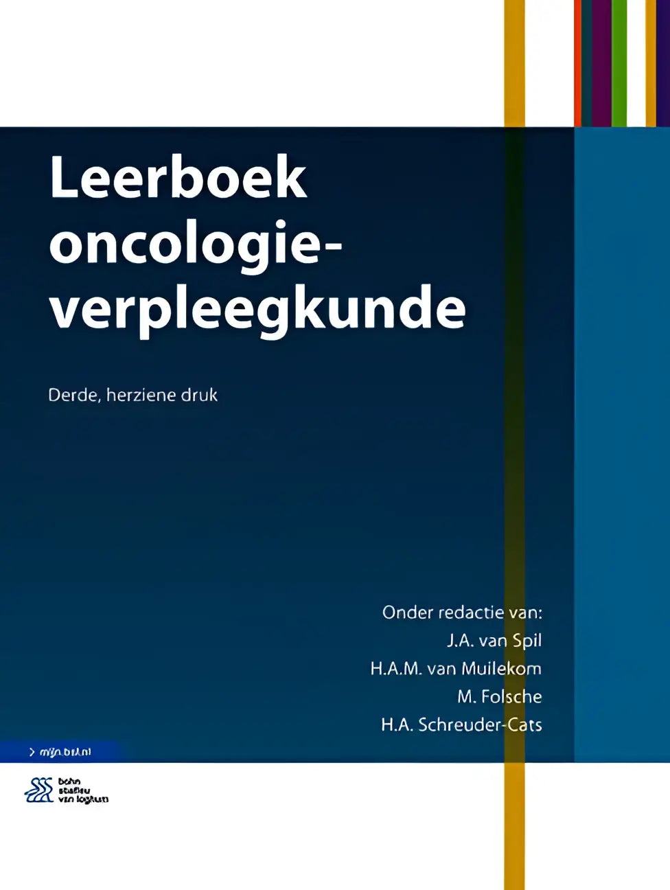 Blauw leerboek oncologieverpleegkunde met witte tekst en verticale gekleurde strepen rechts van bsl media