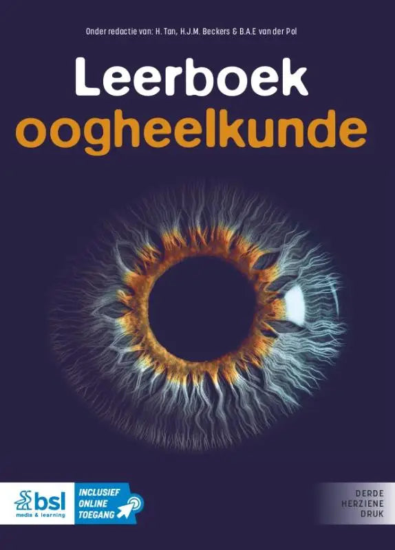 Leerboek oogheelkunde door bsl media toont een close-up foto van een menselijke oog met oranje en gouden iris, geneeskunde algemeen