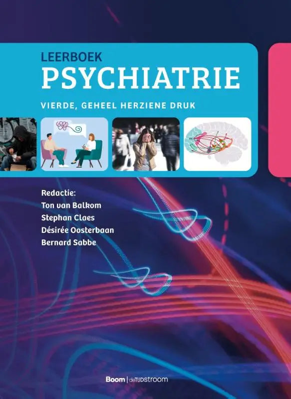De cover van het leerboek psychiatrie toont een levendig ontwerp met abstracte lichtstrepen in blauw, rood en paars