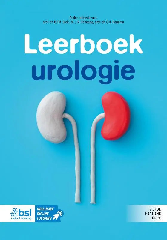 Cover van leerboek urologie door bsl media met gestileerde witte en rode nieren op blauwe achtergrond voor algemene onderwerpen