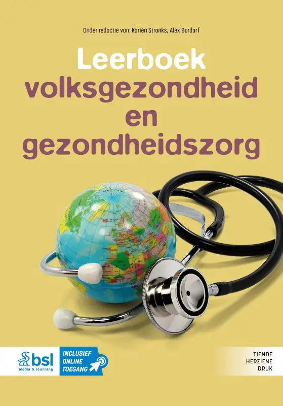 Een stethoscoop met zwart buisje en zilveren metalen chest piece naast een kleine kleurrijke globe bij leerboek volksgezondheid bsl media algemene onderwerpen