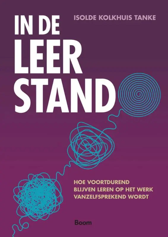 Paars boek met witte titel in de leer stand en kleurrijke lijnen over voortdurend blijven leren op het werk