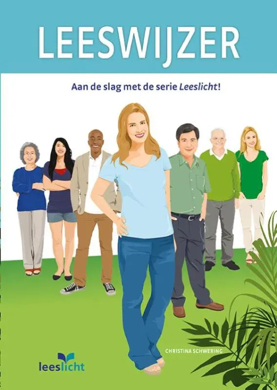 Vibrante cartoonillustratie van een glimlachende vrouw in lichtblauw casual tenue tussen zes diverse personen op een groen grasveld