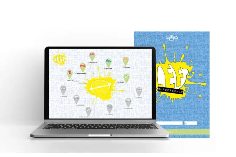 Zilver laptop met kleurrijke kaart van burgerlocaties als schermweergave in lef burgerschap uitgebreid boek deel 2 product