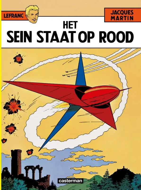Lefranc rode en blauwe futuristische vliegtuigen met scherpe hoeken vliegend door een gele lucht