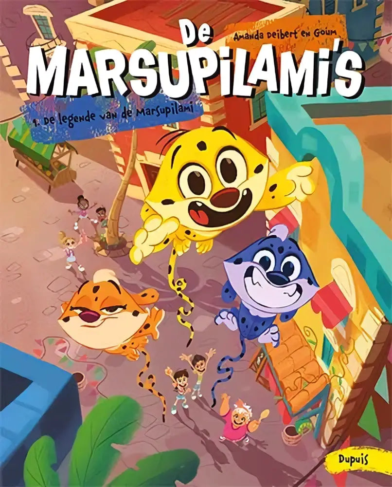 Gele en blauwe cartoon marsupilami karakters met gevlekte patronen in strips algemeen product de legende van de marsupilami