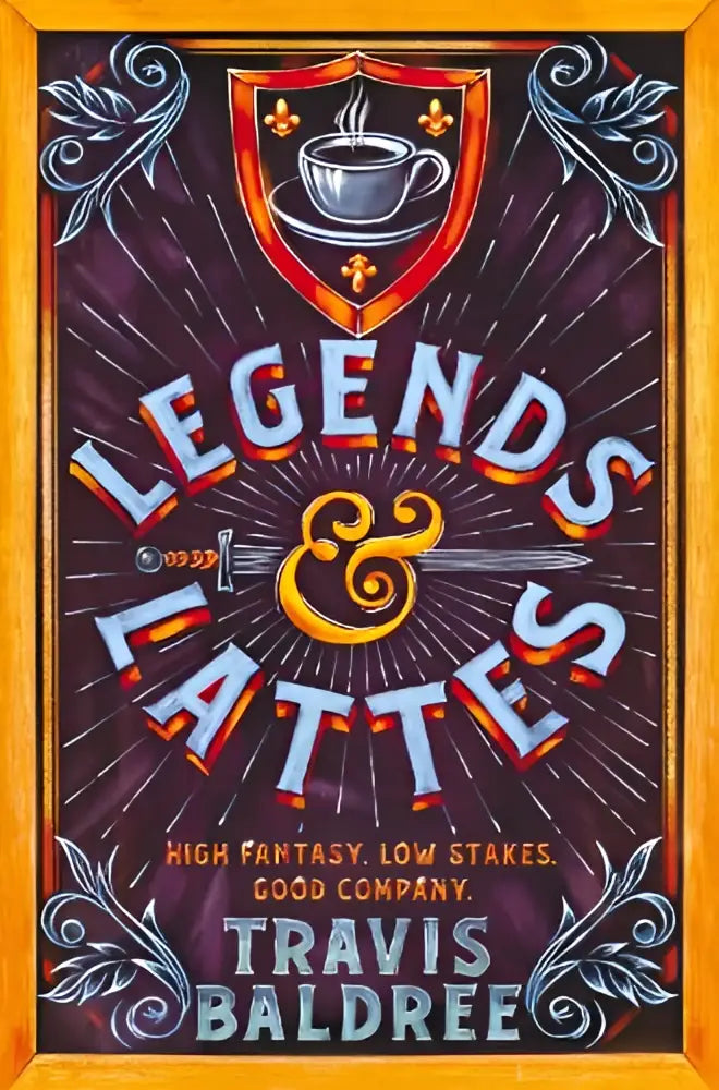 Een ingelijste poster legends & lattes met een donkerpaarse achtergrond en koffieillustratie in schildembleem