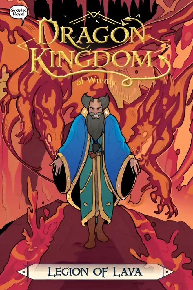 De cover van de graphic novel legion of lava toont een bebaarde, gehoorne figuur in een blauwgroene mantel voor lava, perfect voor jonge lezers van dragon kingdom verhalen