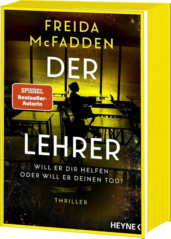 Gele hardcover boeken met de titel der lehrer door freida mcfadden met een donkere, sfeervolle omslag