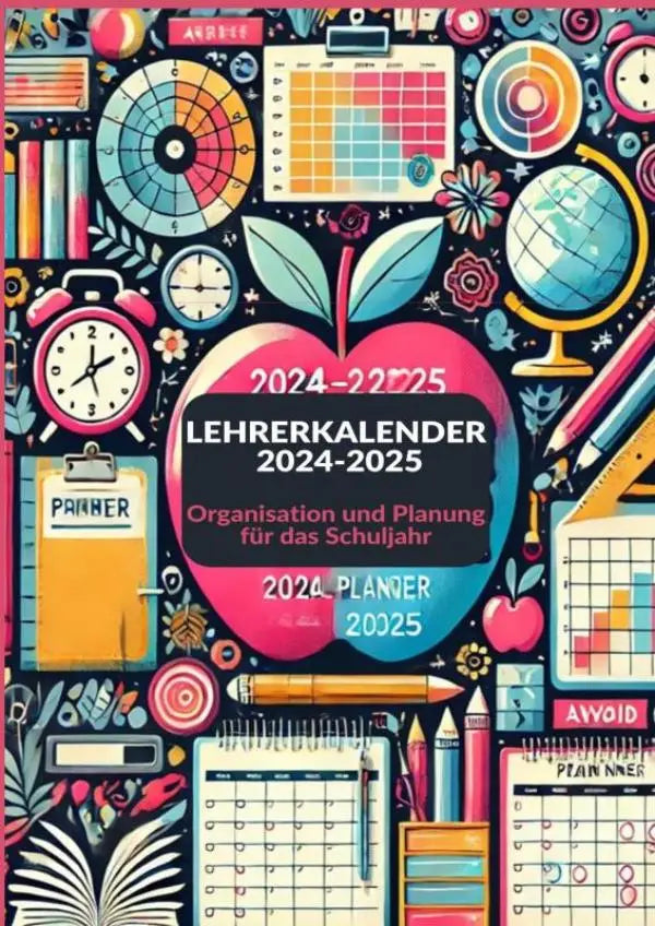 Vibrante roze en zeegroene appelvormige lehrerkalender 2024-2025 met schoolillustraties voor organisatie und planung