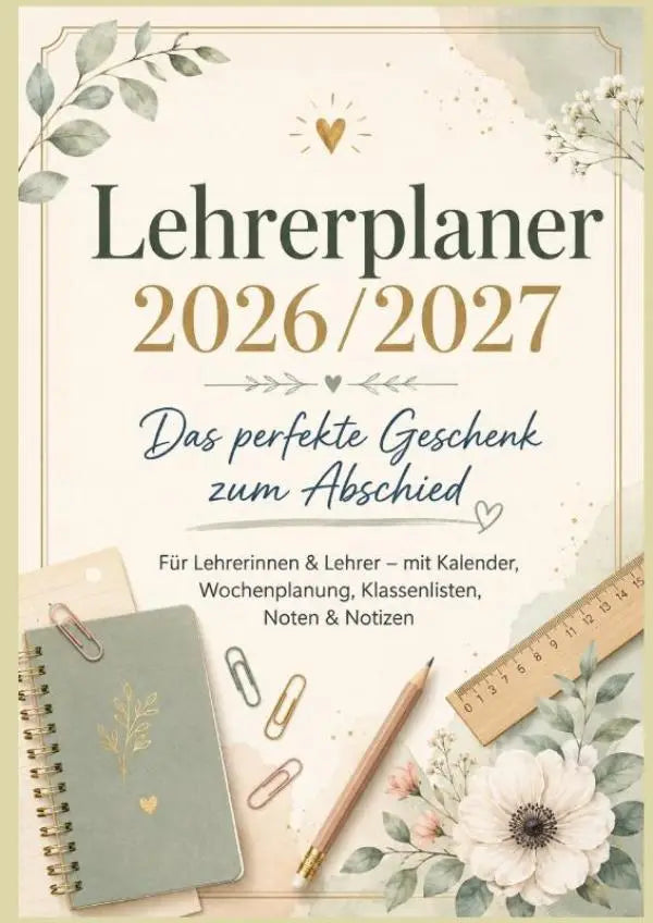 Een zachte saliegroene spiraalgebonden lehrerplaner 2026-2027 met gouden bladeren en een klein hart als geschenk zum abschied