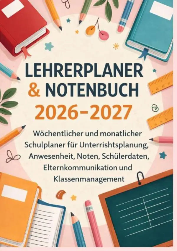 Pink en oranje geïllustreerde lehrerplaner en notenbuch 2026 2027 met wöchentlich und monatlicher schulplaner ontwerp