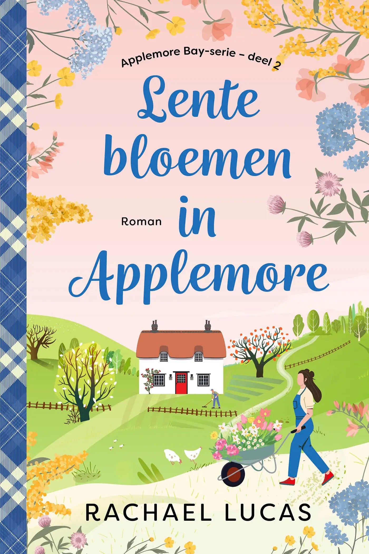 Roze boekcover van lentebloemen in applemore met witte cottage en rode deur door rachael lucas nederlandstalige feelgood romance