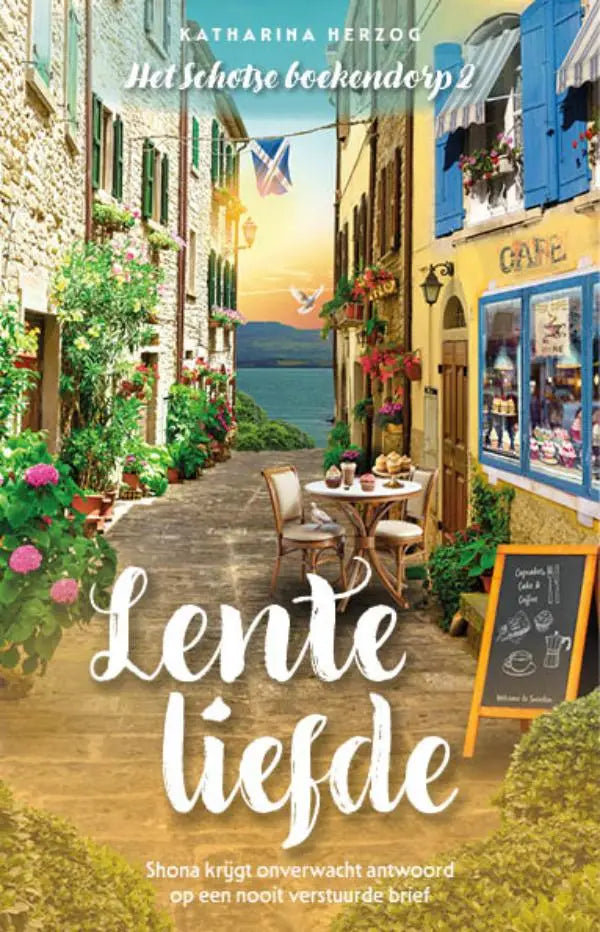 De lenteliefde boekcover van katharina herzog toont lente in een schotse boekendorp met witte sierlijke letters