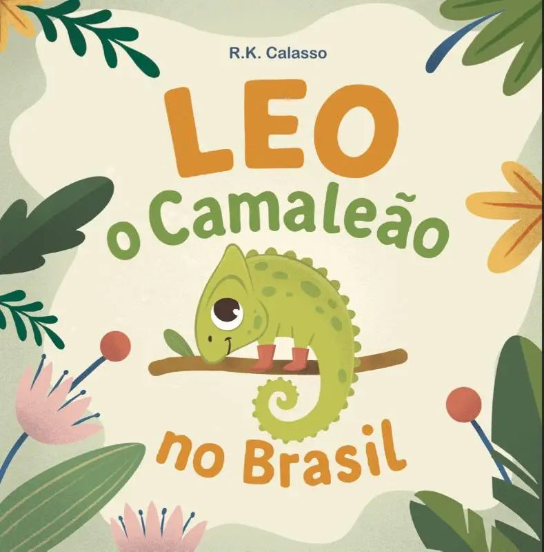 Een charmante groene cartoon kameleon met roze voeten en een vriendelijk gezicht op een tak in leo o camaleão no brasil