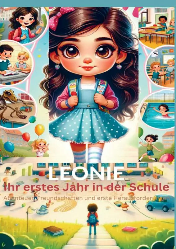 Een vrolijk cartoonmeisje in een blauw polkadotjurkje en gestreepte legging staat voor leonies ihr erstes jahr met freundschaften und erste herausforderungen