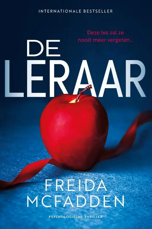 Glanzende rode appel met steel en lint rondom, passend bij de psychologische thriller de leraar van freida mcfadden