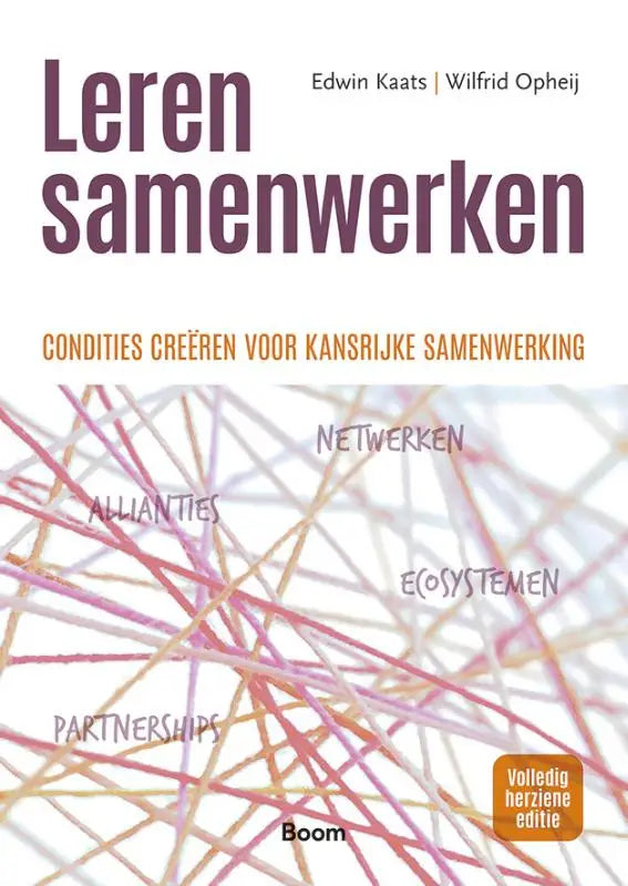 De boekcover van leren samenwerken toont paarse letters en een abstract netwerk van roze en witte lijnen voor kansrijke samenwerking