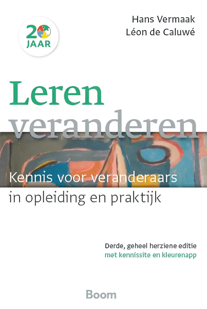 De boekcover van leren veranderen door hans vermaak toont groen en zwart tekst met abstract schilderij van koninklijke boom uitgevers