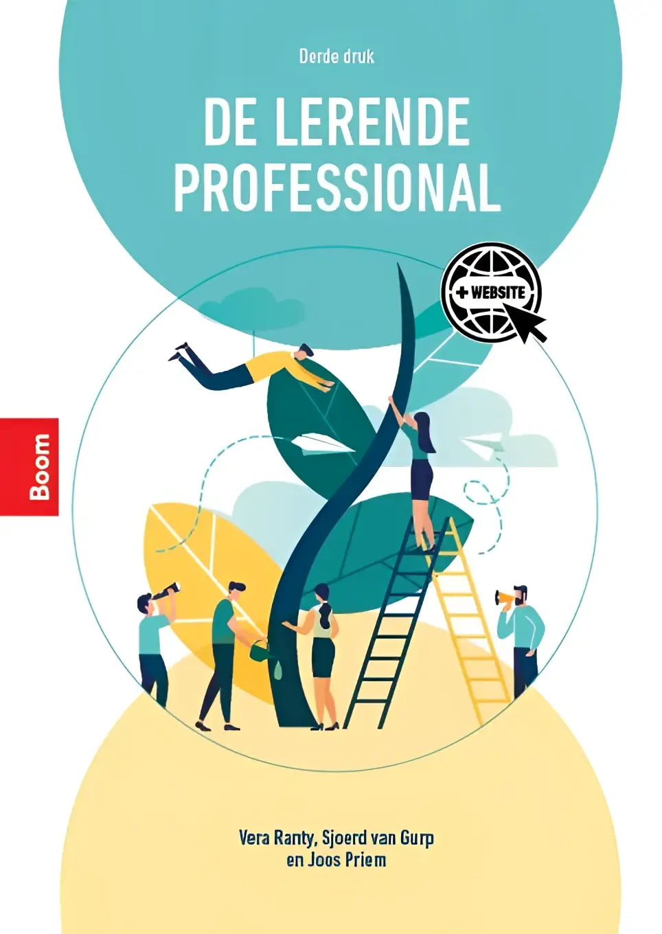 De lerende professional boekcover met illustratie van mensen op een groot groen blad tegen teal en geel, joos priem vera ranty