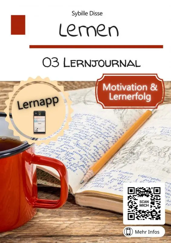Rode geëmailleerde mok met donkere inhoud naast open leren band 03 leerjournal voor lernerfolg für medizinberufe