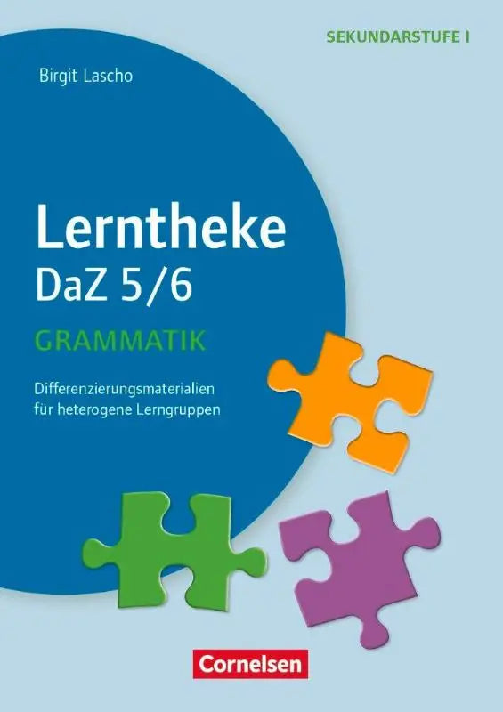 Blauwe kaft van lerntheke daz grammatik boek met witte en groene tekst en kleurrijke puzzelstukken voor 5e en 6e klas