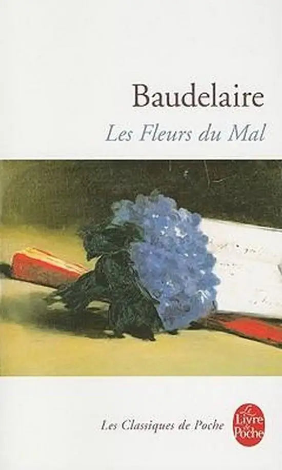 De boekcover van les fleurs du mal toont een blauwe hortensia bos op een open pagina met rode accenten