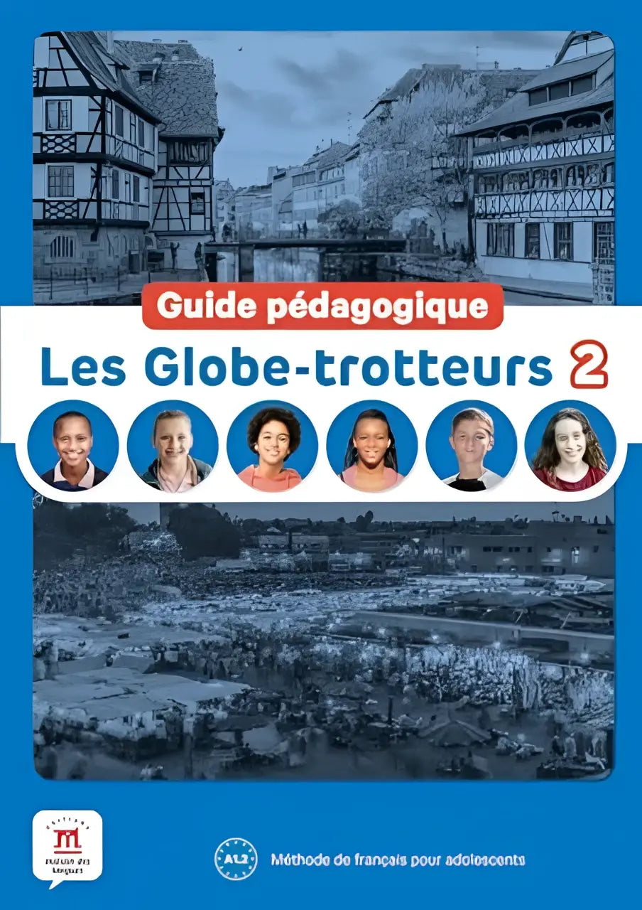 Blauw-witte educatieve gids les globe-trotteurs 2 met cirkelvormige portretten van zes diverse tieners