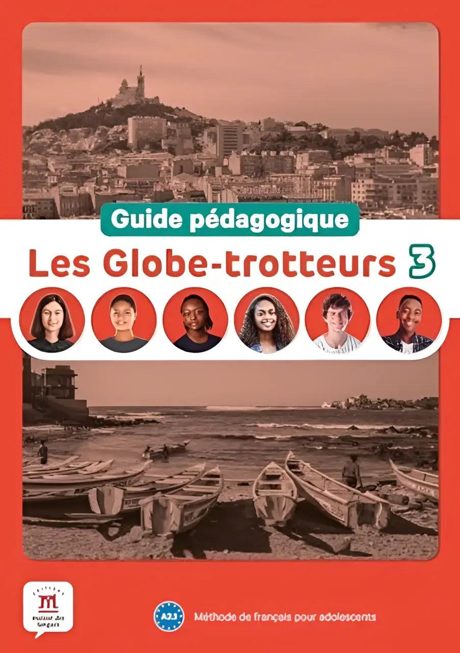 Rood omslagen les globe-trotteurs 3 educatieve gids met zes diverse tienerportretten en sepia achtergrond van boten en kasteel