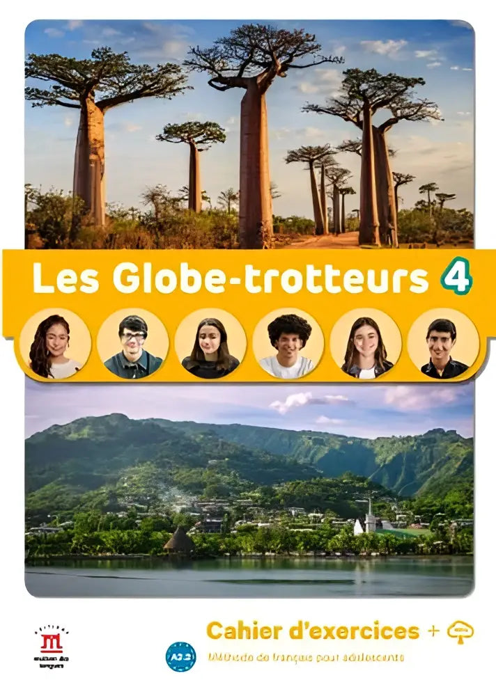 De kleurrijke voorkant van les Globe-trotteurs 4 cahier d’exercices met baobabbomen en groene heuvels voor Frans leren