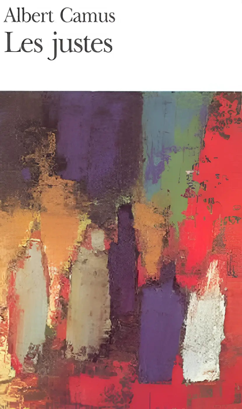 Les justes boekcover met een abstract schilderij in levendige rood, paars, groen en oker tinten