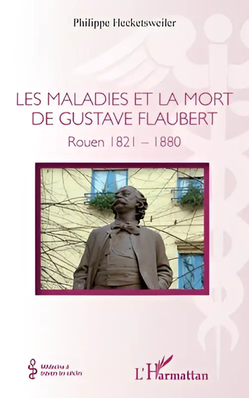 Bronzen standbeeld van gustave flaubert in formele kleding met strik tegen kale takken als achtergrond bij les maladies