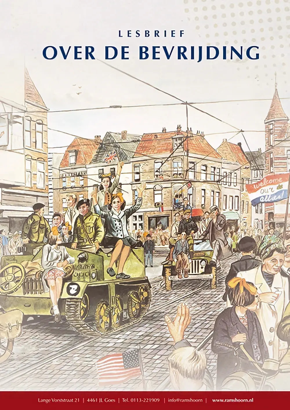 Illustrated cover of lesbrief bevrijding 1945 with vintage drawing of soldiers and civilians celebrating in urban street scene binnen geschiedenis