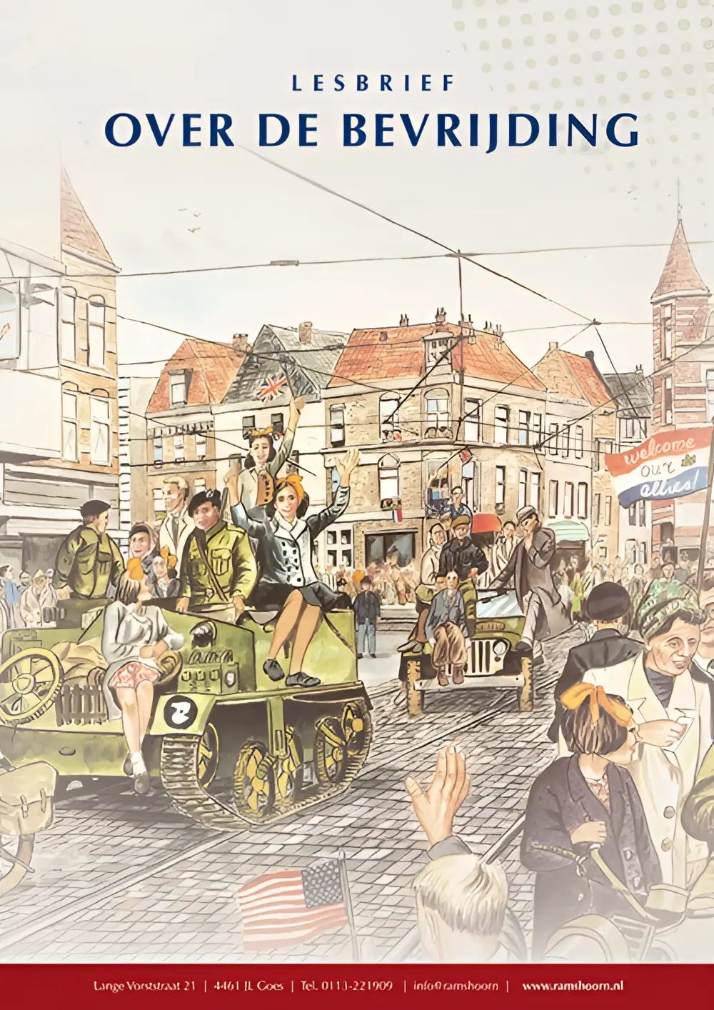 Illustratie van de lesbrief bevrijding met vintage tekening van soldaten en burgers die feestvieren in een dorpsplein