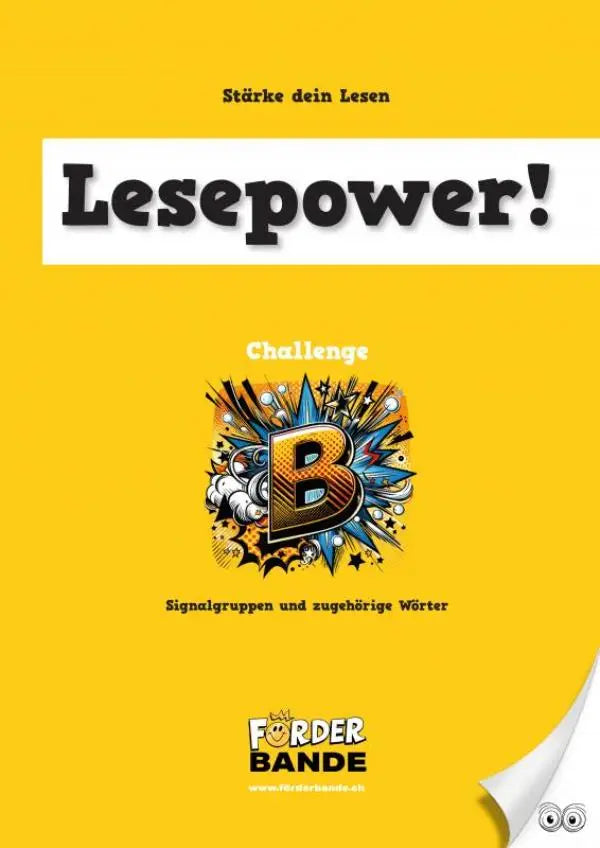 Heldere gele boekomslag lesepower challenge b met signalgruppen und en zugehörige woorden in stripstijl
