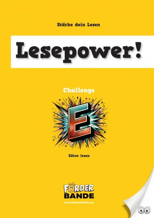 Bright gele boekcover met kleurrijke 3d letter e en titel lesepower gericht op sätze lesen oefenen
