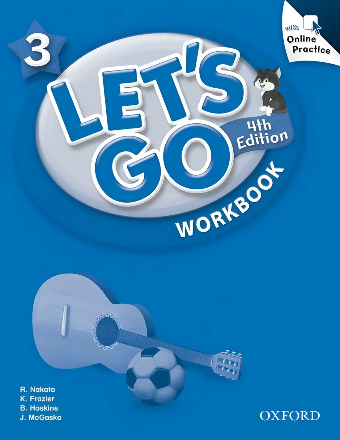 Blauwe lets go 3 workbook cover met cartoonkat en gitaarillustratie van carolyn graham voor online oefenpakket