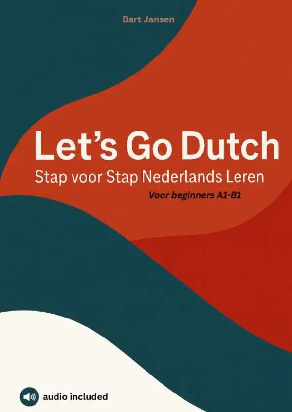 De voorkant van het boek lets go dutch door bart jansen met rode en groene golvende ontwerpen voor stap nederlands leren