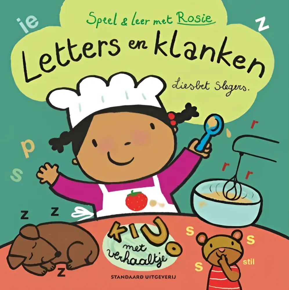 Een vrolijk cartoonmeisje in wit koksboek en roze schort met tomaat vasthoudt blauwe lepel boven beslag in nederlandstalig hardback liesbet slegers serie speel letters en klanken